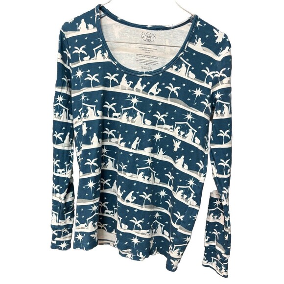 Holy Pals Women M Blue Manger Scene Pajamas Two Piece Stretch Long Sleeve Top - Picture 1 of 16